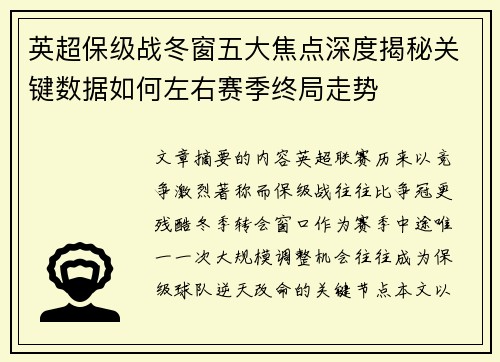 英超保级战冬窗五大焦点深度揭秘关键数据如何左右赛季终局走势